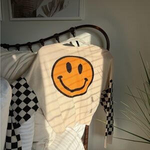 Smiley Face Sweater with Checkered Sleeves Altar’d State